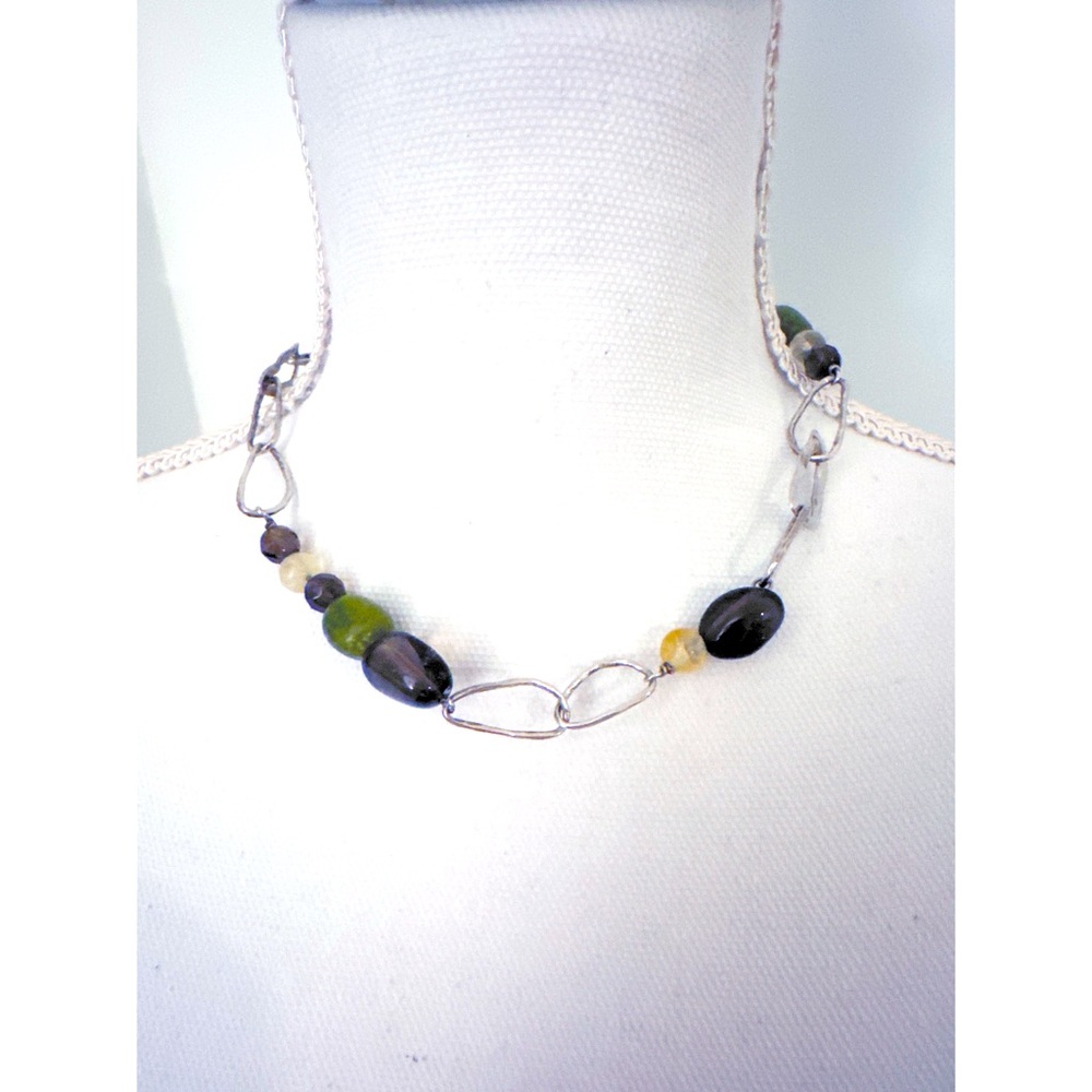 Silpada .925 Hammered Necklace Jade Smoky Quartz With Large Hook Closure 17.5”
